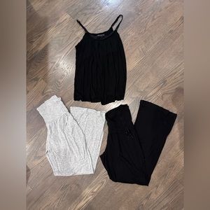 Black nursing cami with lace trim, two pairs of matching maternity lounge pants